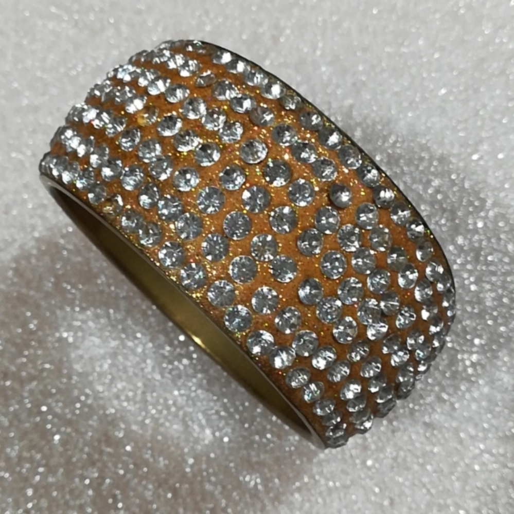 Rhinestone Encrusted Brass Tone Slip On Bangle Bracelet